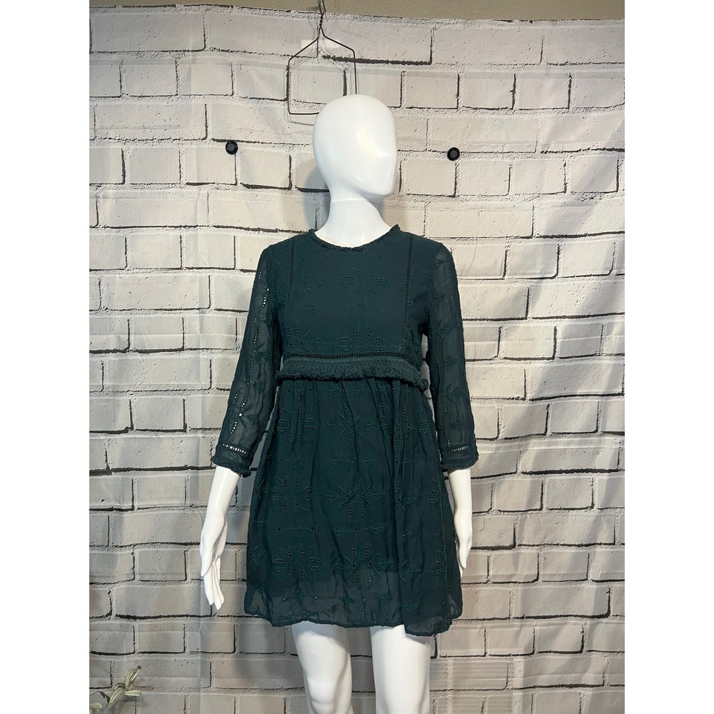Zara TRF Forest Green Eyelet Embroidered Romper Dress Fringe Trim Mini Small
